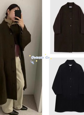 现货 ETHOS 冬季新款 气质复古斗篷式宽松立领羊毛大衣毛呢外套女