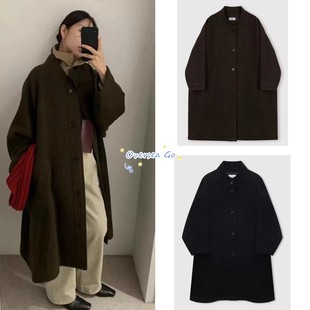 现货 ETHOS 冬季新款 气质复古斗篷式宽松立领羊毛大衣毛呢外套女