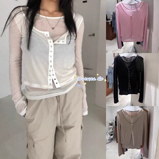 现货 Tempting 2025秋季新款 韩国小众假两件天丝长袖T恤打底衫女