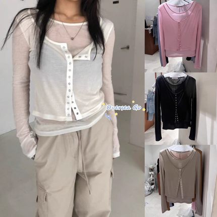 现货 Tempting 2025秋季新款 韩国小众假两件天丝长袖T恤打底衫女