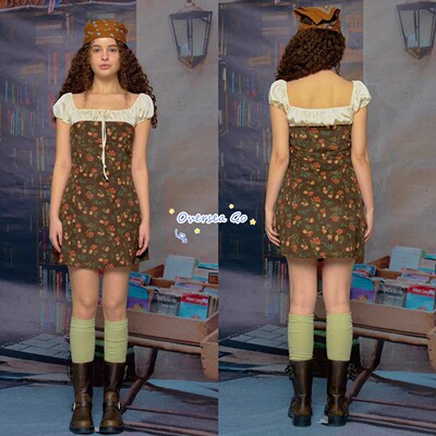 直井怜同款碎花灯芯绒短袖连衣裙