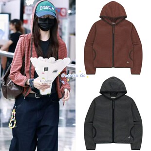 现货 coyseio 宋妍霏同款 学院风拼色条纹休闲拉链连帽卫衣外套女
