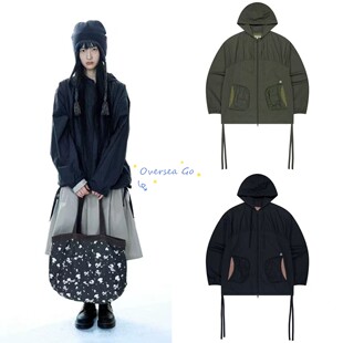 现货 coyseio 2025秋季新款 韩系宽松格子拼接捏褶抽绳连帽外套女