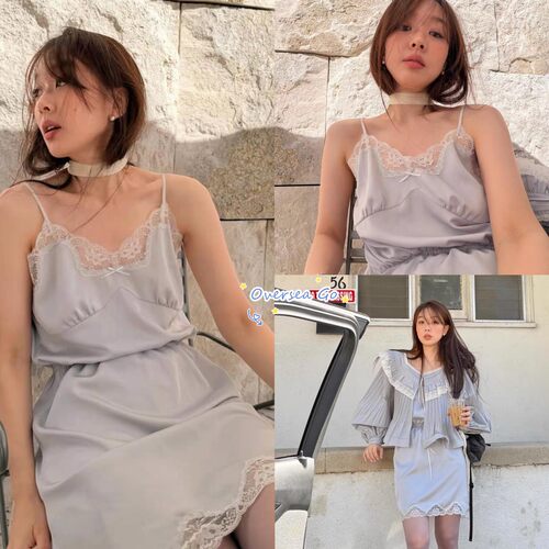 蕾丝花边拼接V领吊带背心半身裙