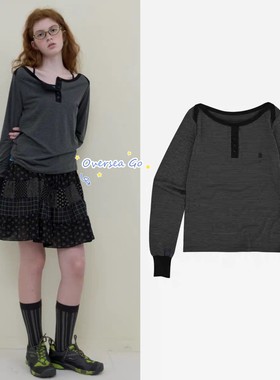 现货 nocontent 秋季新款 船领亨利扣条纹宽松休闲长袖T恤上衣女