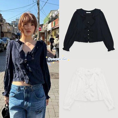 小清新百搭荷叶边V领长袖衬衫女