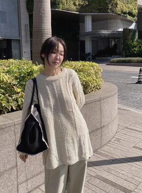 现货 dearest 2025新款 纯色拼接镂空圆领中长款套头针织衫毛衣女