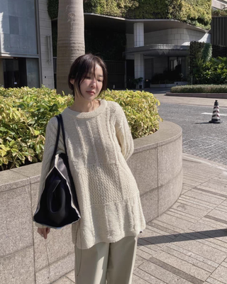 镂空圆领中长款套头针织衫毛衣女