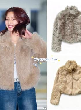 现货 ordes 朴志效同款 韩国毛茸茸翻领短款皮草外套保暖上衣女