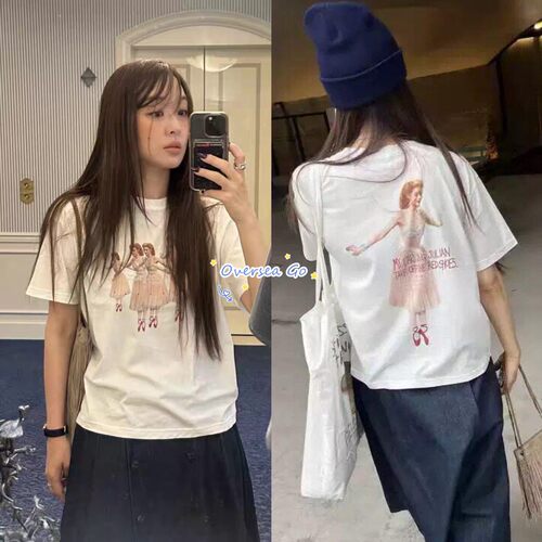 现货韩国 fletta 26新款 芭蕾人物字母印花圆领休闲短袖T恤上衣女