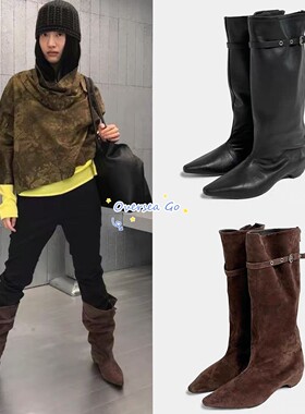 现货  LOW CLASSIC  2025新款 复古皮带扣后拉链尖头中筒靴骑士靴