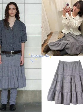 现货 韩国viaplain 26早春新款 高腰百搭半纽扣褶皱蛋糕裙半身裙