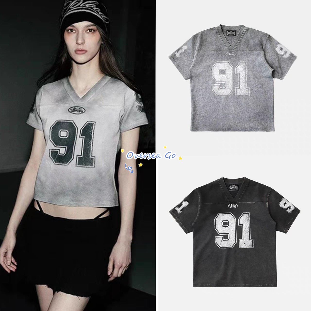 现货 badblood 美式街头风纹理感扎染V领91号球衣短袖T恤半袖上衣