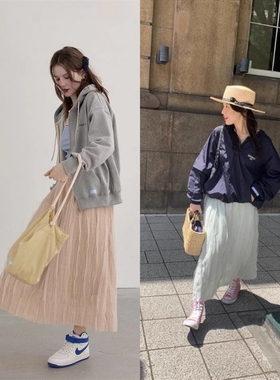 现货 韩国小众modest mood2023夏季新款蕾丝褶皱松紧腰纱裙半身裙