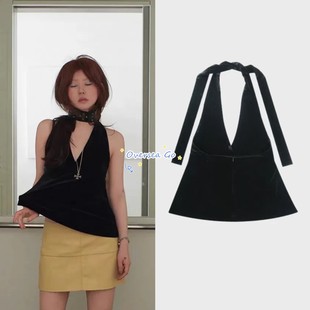 在途现货freckle 25新款黑色丝绒挂脖露背性感辣妹吊带背心上衣女