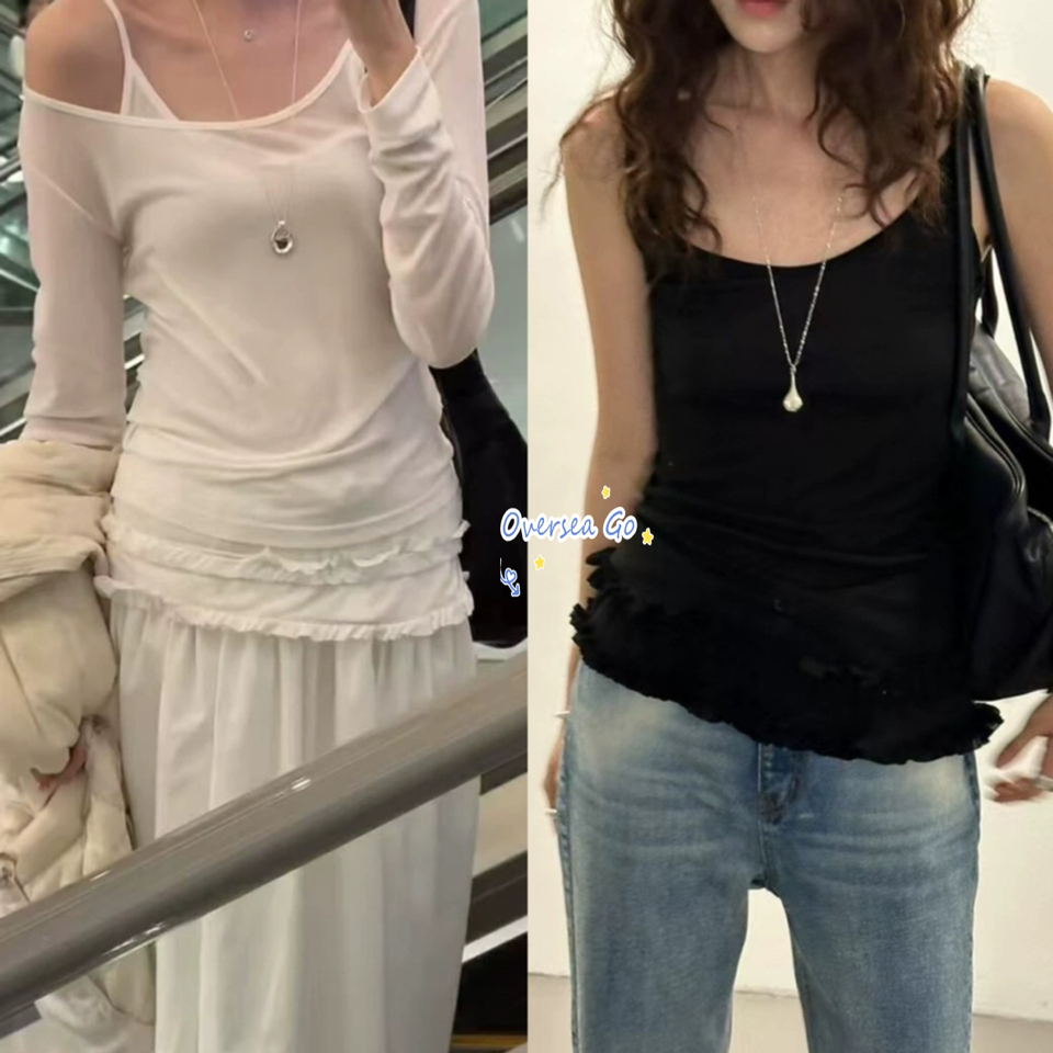 蕾丝下摆长袖打底T恤+背心套装