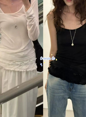 现货 108pound 2025新款 蕾丝下摆叠穿圆领长袖打底T恤+背心套装