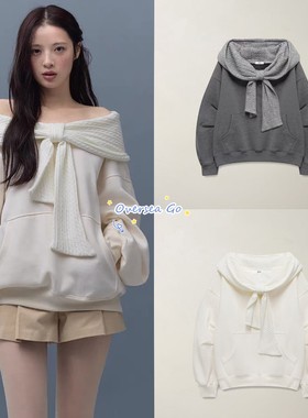 现货韩国thetis 25冬季新款一字肩露肩蝴蝶结拼接宽松连帽卫衣女