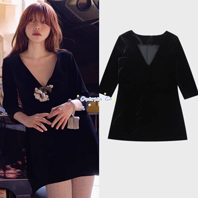 现货 freckle 25秋冬新款黑色丝绒v领复古简约显瘦连衣裙短裙