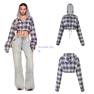 露脐慵懒随性长袖连帽格子衬衫