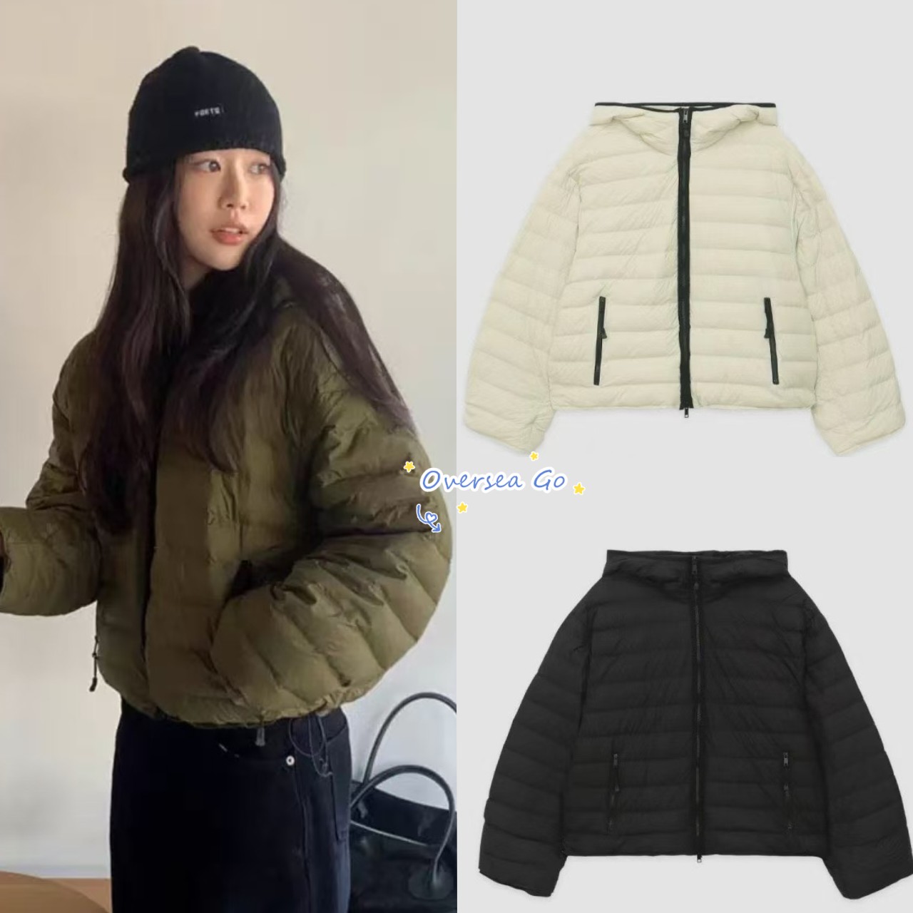 休闲撞色拼边连帽羽绒服外套女