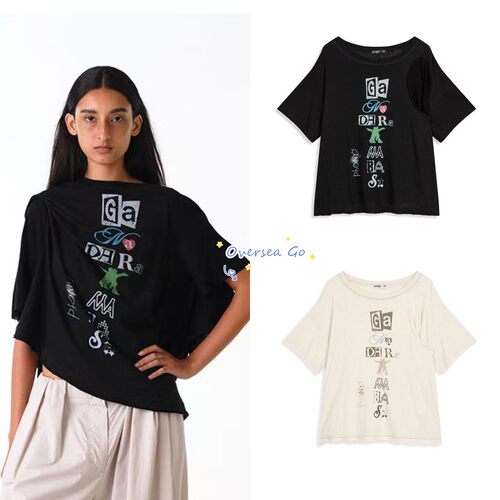 圆领文艺斜肩字母印花短袖T恤女