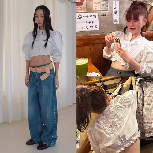 正反两穿蕾丝短款衬衫上衣女