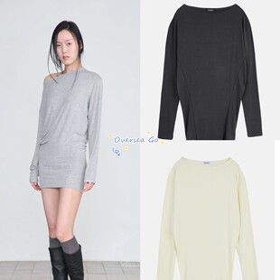 现货 CERRIC 26春夏新款 时尚纯色斜肩包臀百搭长袖t恤连衣裙女