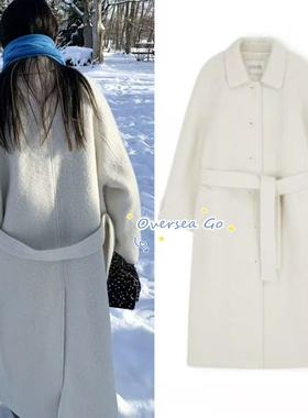 现货 Lerobe 2025秋冬新款韩系单排扣绑带收腰长款羊毛大衣外套女