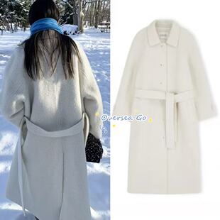 现货 Lerobe 2025秋冬新款韩系单排扣绑带收腰长款羊毛大衣外套女