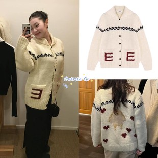 现货 ethos 25新款 宽松百搭爱心柯基提花口袋毛衣针织开衫外套女