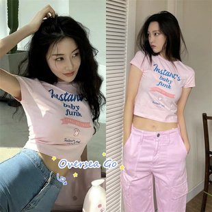 韩国  INSTANTFUNK 朴孝敏同款 字母修身粉色圆领短袖T恤女