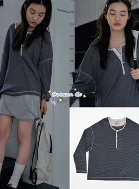 现货 viaplain 25秋季新品 韩系条纹宽松休闲半纽扣圆领长袖T恤女