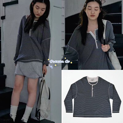 条纹宽松休闲半纽扣圆领长袖T恤