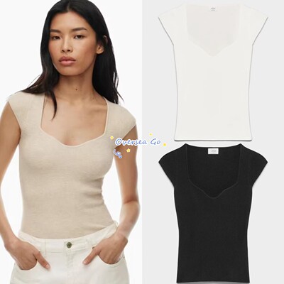 修身落肩气质V领针织短袖T恤女