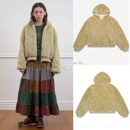 保暖毛绒绒宽松拉链连帽外套