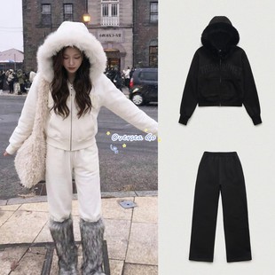 现货韩国The Barnnet 八奶毛领连帽拉链字母卫衣外套休闲裤套装女