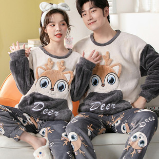 法兰绒家居服套装 情侣睡衣冬季 珊瑚绒加厚保暖一男一女卡通秋冬款