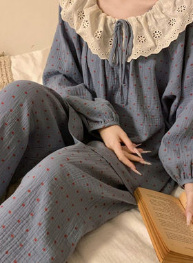 韩版ins睡衣女春秋季纯棉长袖花边可爱甜美学生可外穿家居服套装