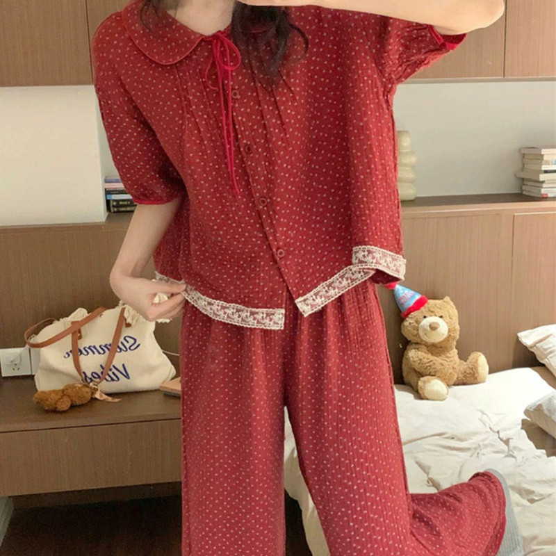 纯棉睡衣女2025新款夏季短袖长裤娃娃领可爱甜美公主风家居服套装