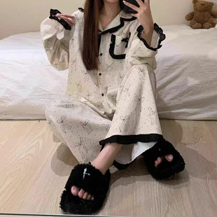 长袖 高级感可爱甜美花边开衫 纯棉睡衣女春秋季 薄款 大码 家居服套装