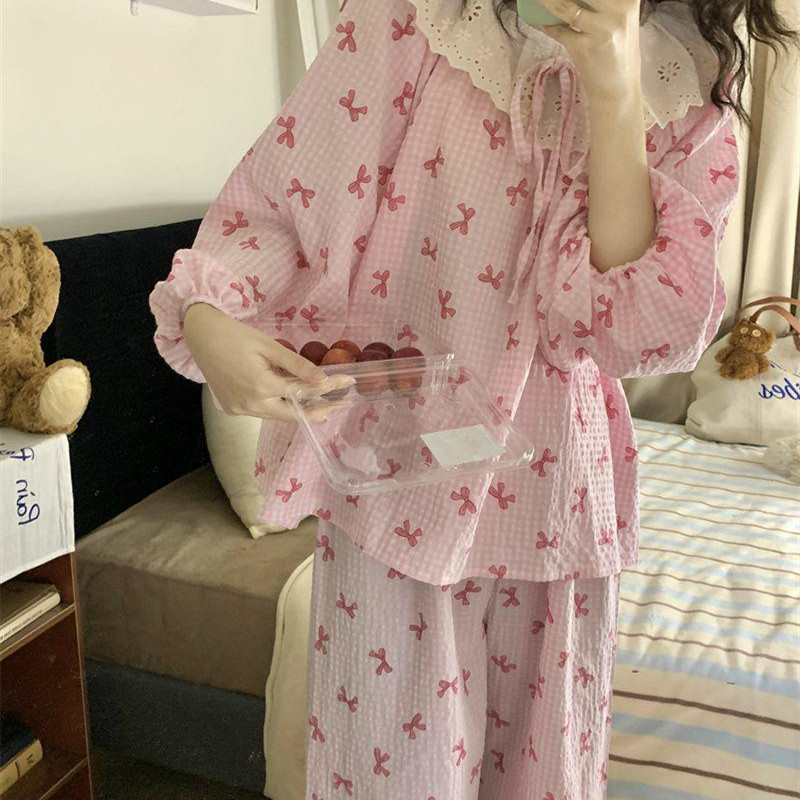 2025年新款睡衣女春秋款纯棉长袖格子可爱甜美休闲大码家居服套装