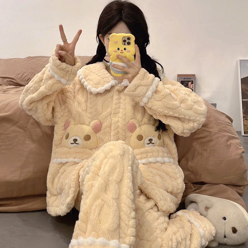 2025年新款睡衣女秋冬季珊瑚绒加厚可爱卡通甜美法兰绒家居服套装