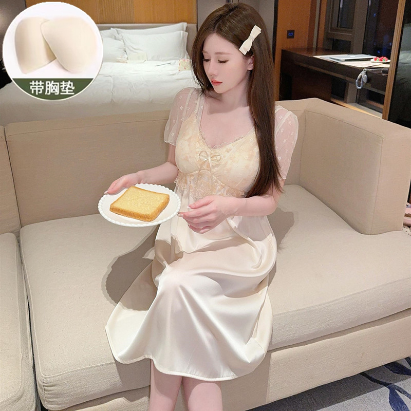 2025新款睡裙女夏季短袖冰丝带胸垫网纱可爱甜美中长款睡衣家居服图片