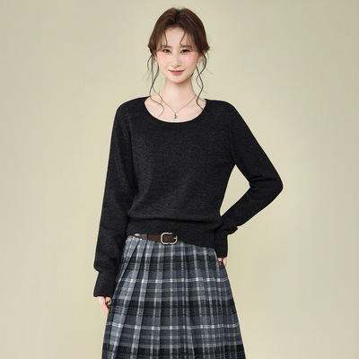 深灰色圆领长袖加厚套头针织衫女2025秋冬宽松内搭打底衫外穿上衣