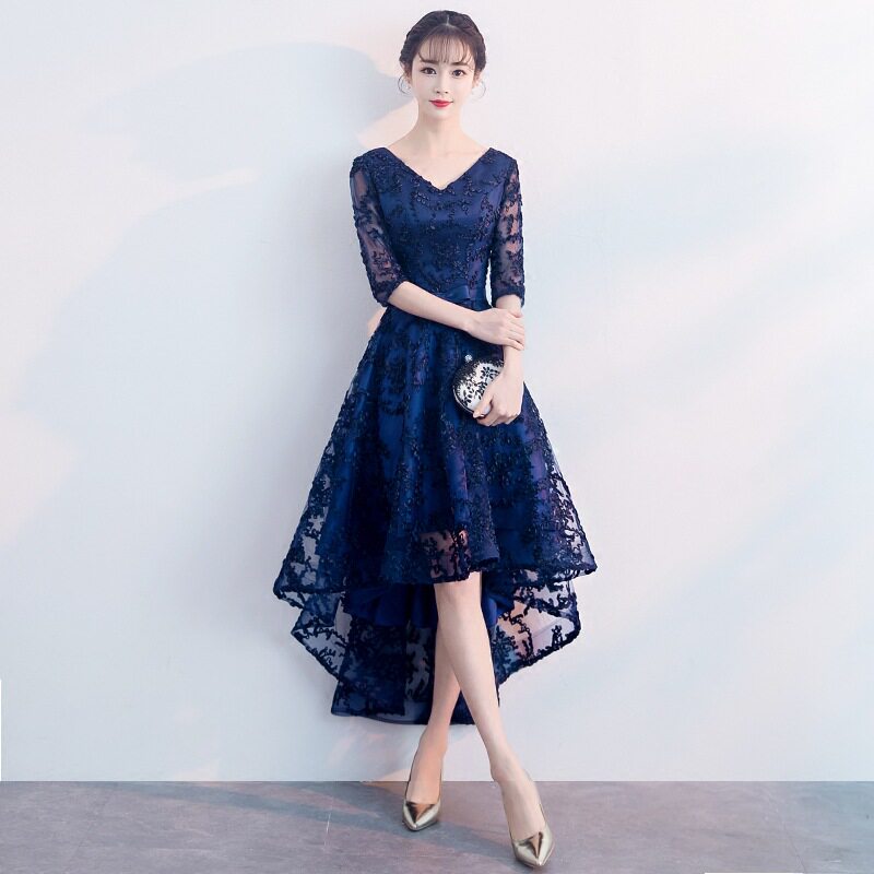 蓝色晚礼服女气质宴会高端妈妈婚宴装前短后长连衣裙平时可穿春季