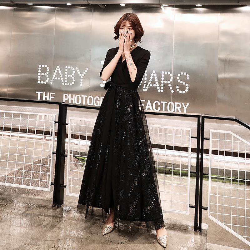 黑色晚礼服女平时可穿长款宴会气质连衣裙演出服年会主持人晚礼服
