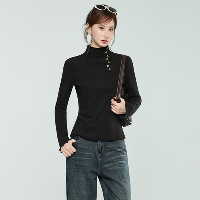 黑色半高领德绒加厚木耳边长袖T恤女2025秋冬加绒修身内搭打底衫
