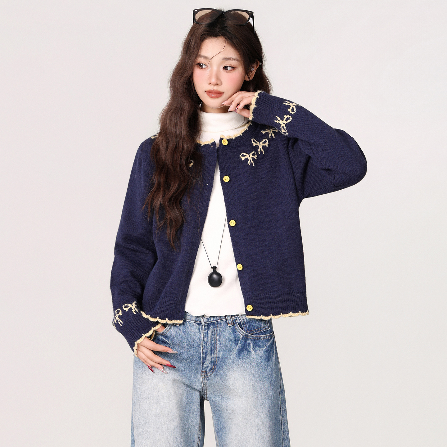 藏蓝色单排扣针织毛衣长袖2025秋冬季开衫外套宽松显瘦慵懒感上衣