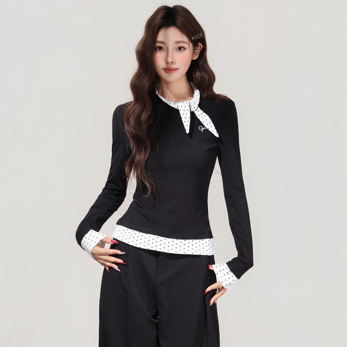黑色波点蝴蝶结拼接磨毛假两件长袖T恤秋冬新款打底衫内搭上衣女